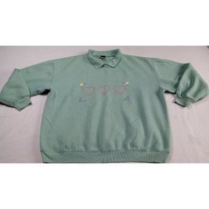 Vintage Bolo Spirit Sweatshirt flower hearts Embroidered Sz L Mint Green Women